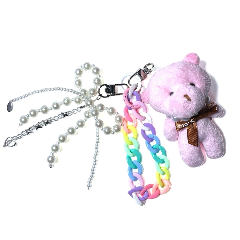 Charming Pink Teddy Bear Keychain with Rainbow Chain